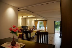 55-inch LCD TV with satellite channels, TV, fireplace