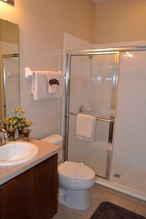 Villa familiar, hidromasaje, en el área del jardín | Baño | Regadera tipo lluvia, secadora de cabello, toallas, papel de baño 
