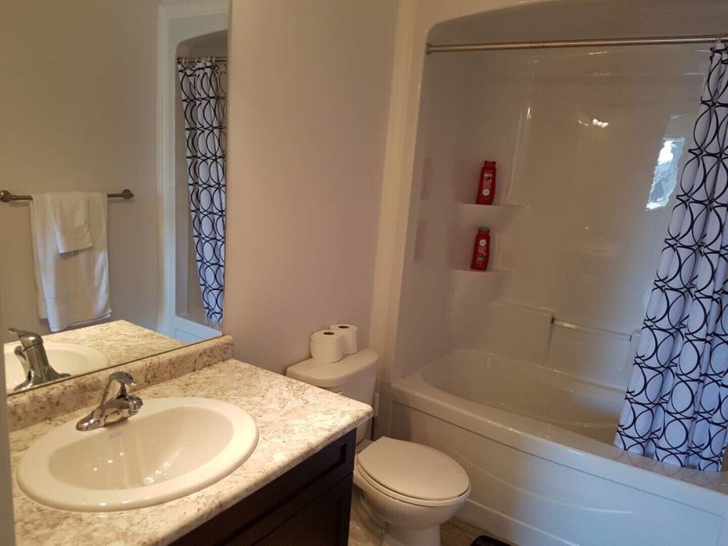 Un bagno con lavandino, WC e vasca da bagno.