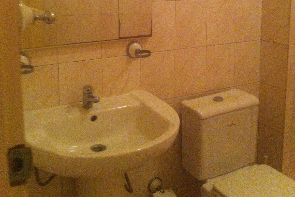 Kylpyhuone, jossa on pesuallas, wc ja peili.