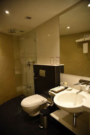 A modern bathroom with a glass-enclosed shower, a white toilet, and a sink with a mirror above it. - Effotel By Sayaji Vadodara (Vadodara)