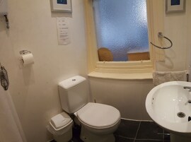 A small bathroom with a toilet, sink, and a window with a view of the sea.
