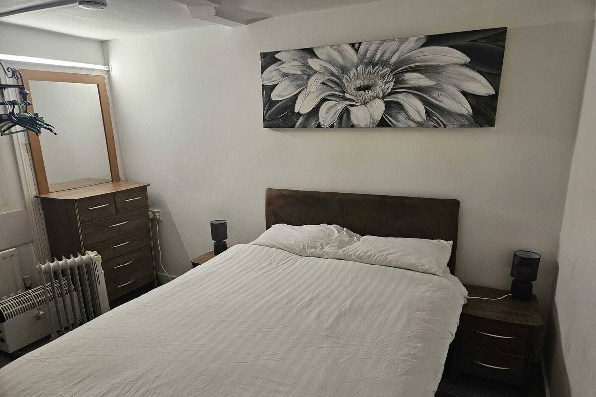 A bedroom with a bed, a dresser, a radiator, a lamp, and a wall-mounted painting.