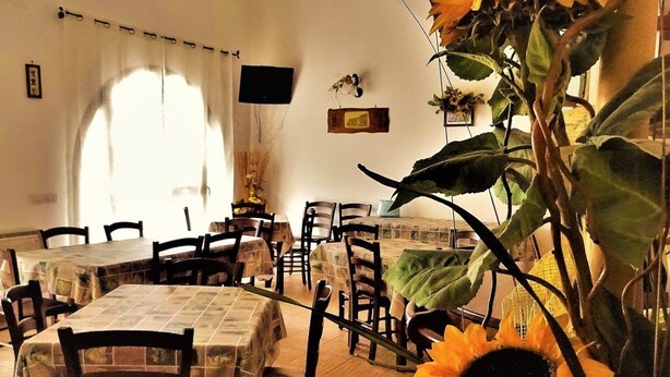 Ein Essbereich mit Tischen, die mit Tischdecken bedeckt sind, Stühlen und einer großen Sonnenblume.