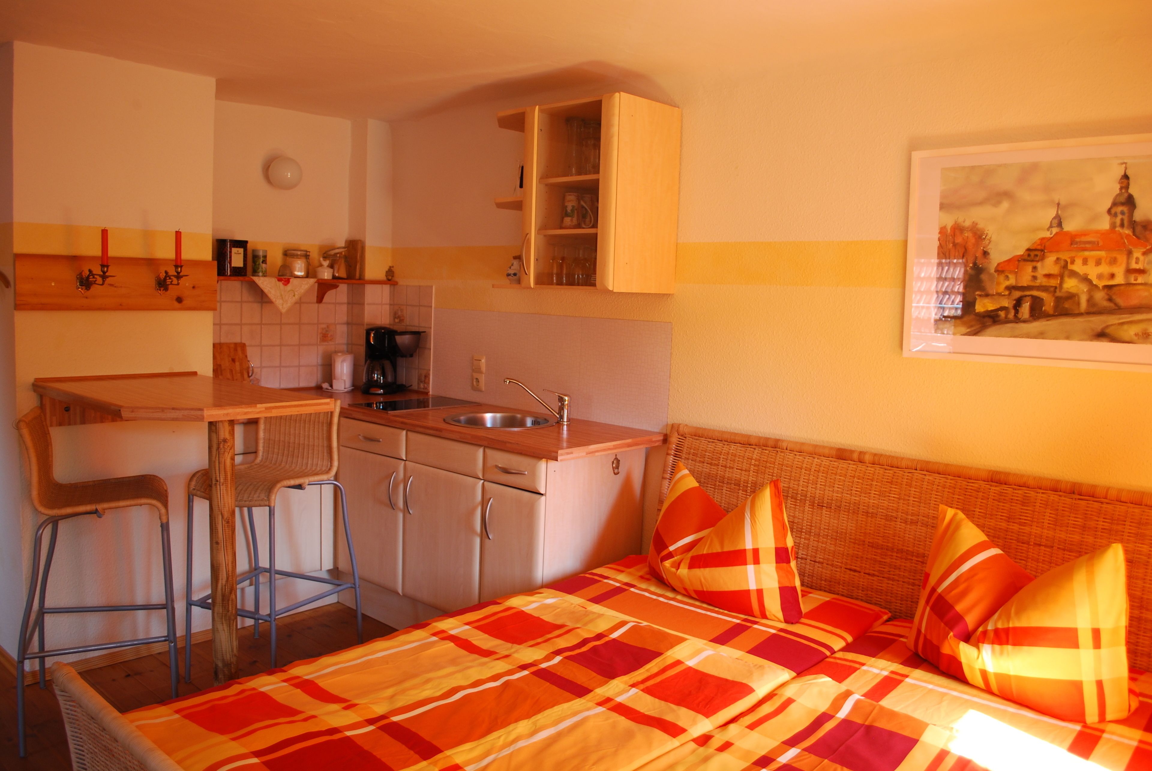 A compact room with a kitchenette, a bed with plaid bedding, and a painting on the wall.