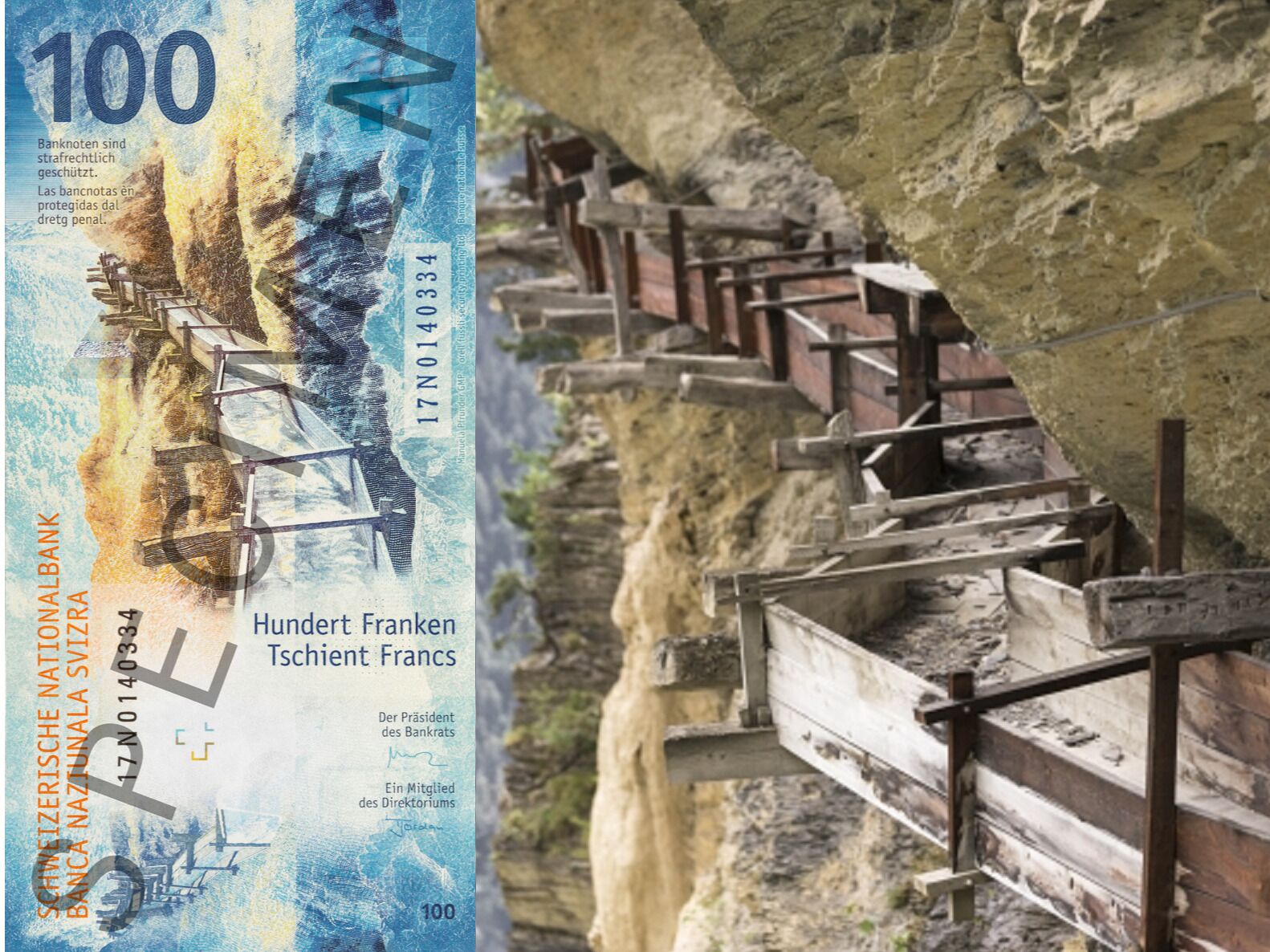 A 100 Swiss Franc banknote with a bridge and rocky cliffs.