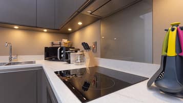 Departamento urbano, 1 habitación, vista a la ciudad | Cocina privada | Refrigerador con congelador, microondas, horno y parrilla de estufa