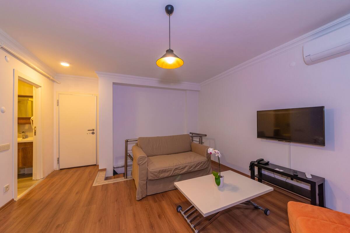 A compact living space with a sofa, a coffee table, a TV, and a small table with a vase.