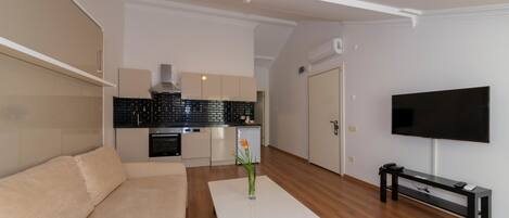Una sala de estar moderna con un sofá, una mesa de centro con un jarrón, un televisor y una cocina al fondo.