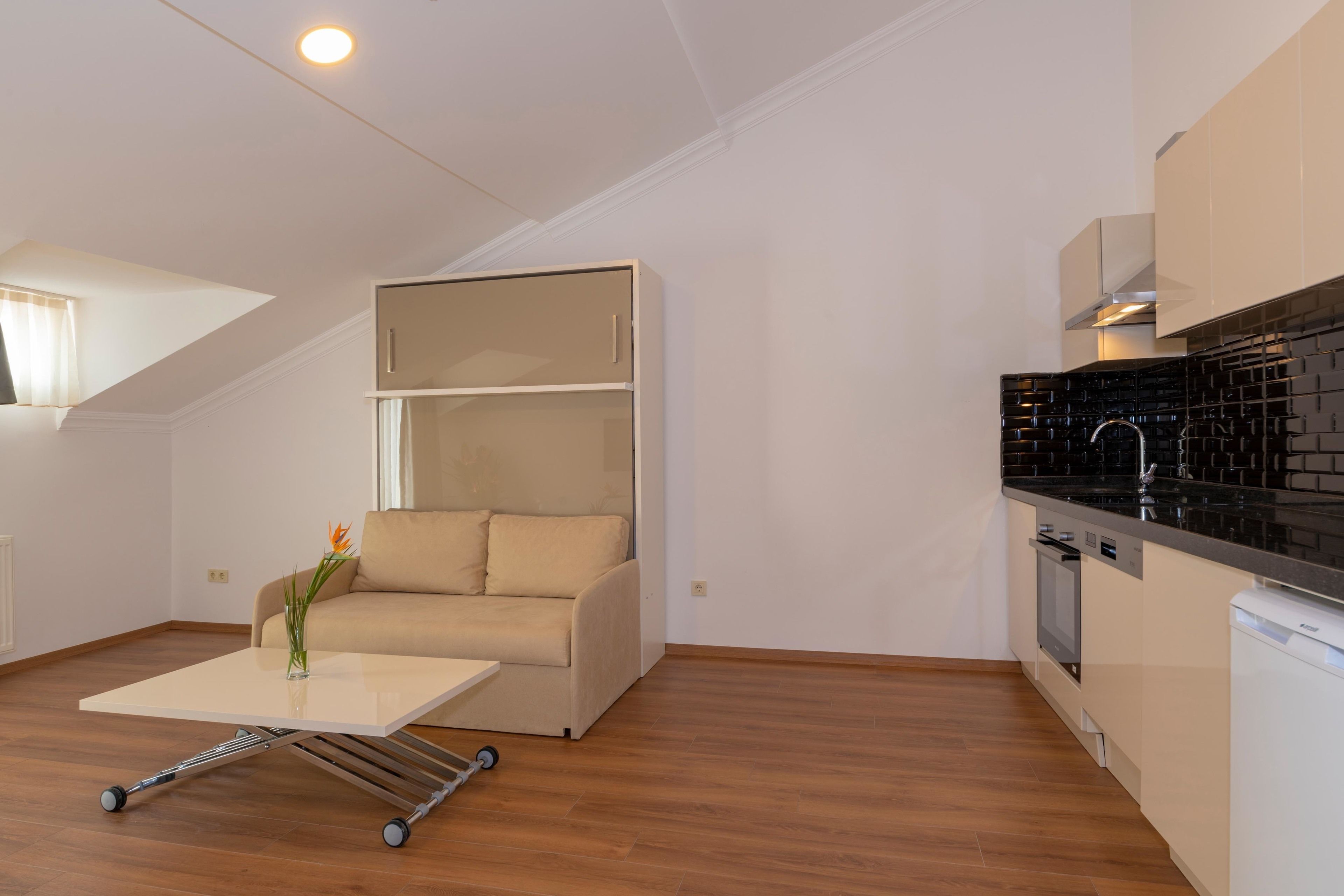 Un espace de vie compact comprenant un coin cuisine, un canapé et une table basse.