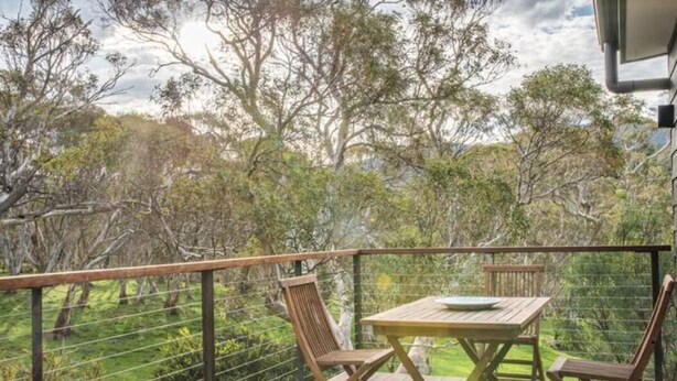 A wooden deck with a table and chairs, surrounded by a metal railing, overlooking a lush green landscape with trees. - The Red Door B&B (Lee)