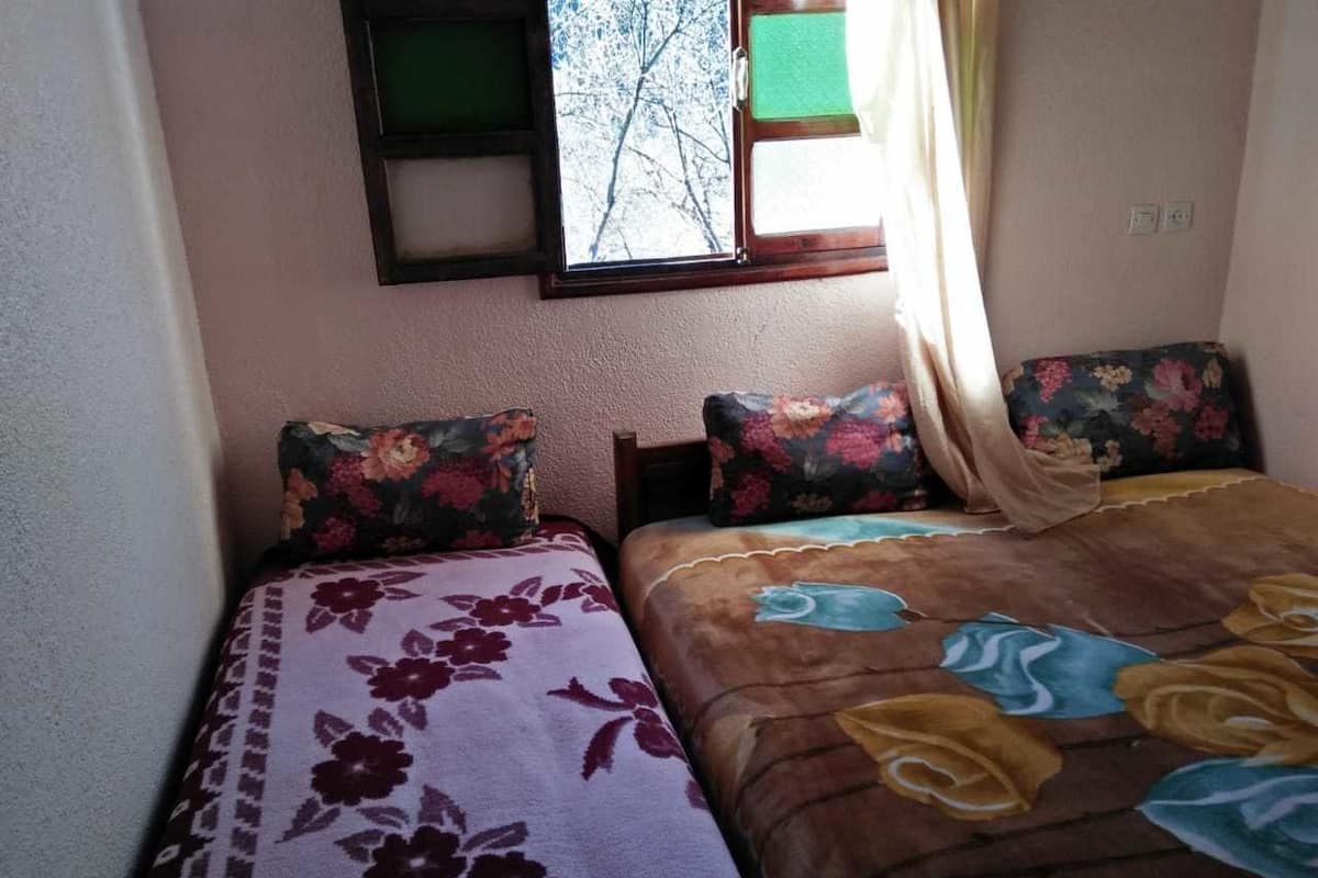 A bedroom with two beds, each with floral-patterned bedding. There is a window with a view of trees, and the room has a simple, functional design.