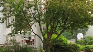 A white building with a balcony, surrounded by lush greenery and a sign for Rabbit Hill Inn. - Rabbit Hill Inn (Lower Waterford)