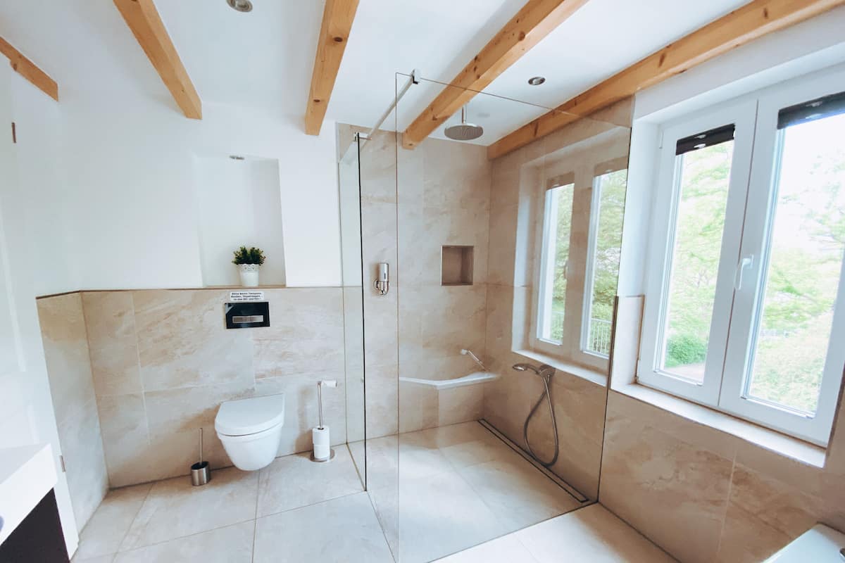 A modern bathroom with a glass shower enclosure, a bathtub, and a toilet.