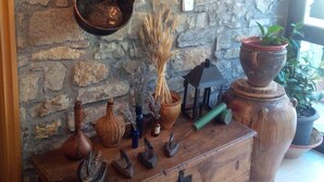 A rustic interior with a stone wall, a wooden chest, and various decorative items including a framed picture, a hanging pot, and potted plants. - Casa Puyuelo (La Fueva)