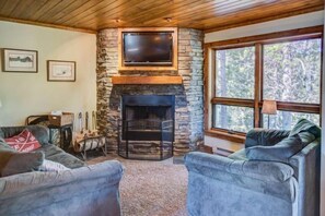 Flat-screen TV, fireplace