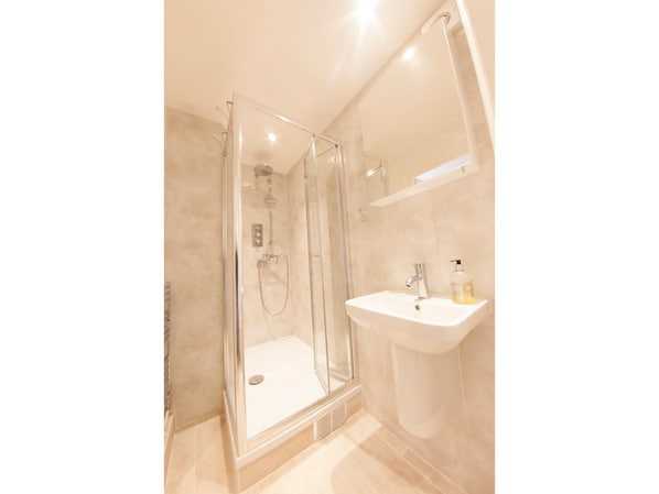 Shower, free toiletries, hair dryer, towels