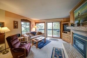 Flat-screen TV, fireplace