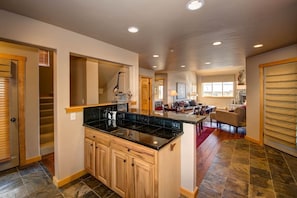 Flat-screen TV, fireplace