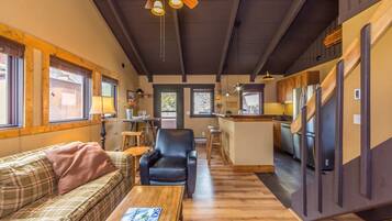 Flat-screen TV, fireplace