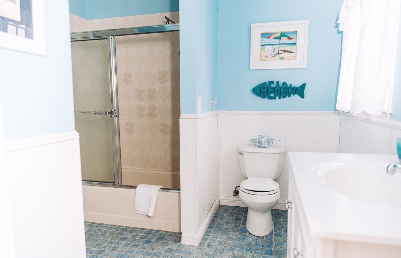 Une salle de bain avec douche, toilettes et baignoire.