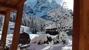 Une structure en bois offrant une vue sur des montagnes et des arbres couverts de neige.