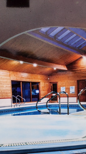 Una piscina interior con paredes de madera y techo inclinado.