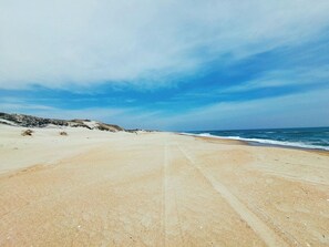 A wide, empty beach with a clear sky and ocean in the background.