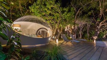 Una estructura abovedada con una entrada circular, rodeada por una cubierta de madera y abundante vegetación.