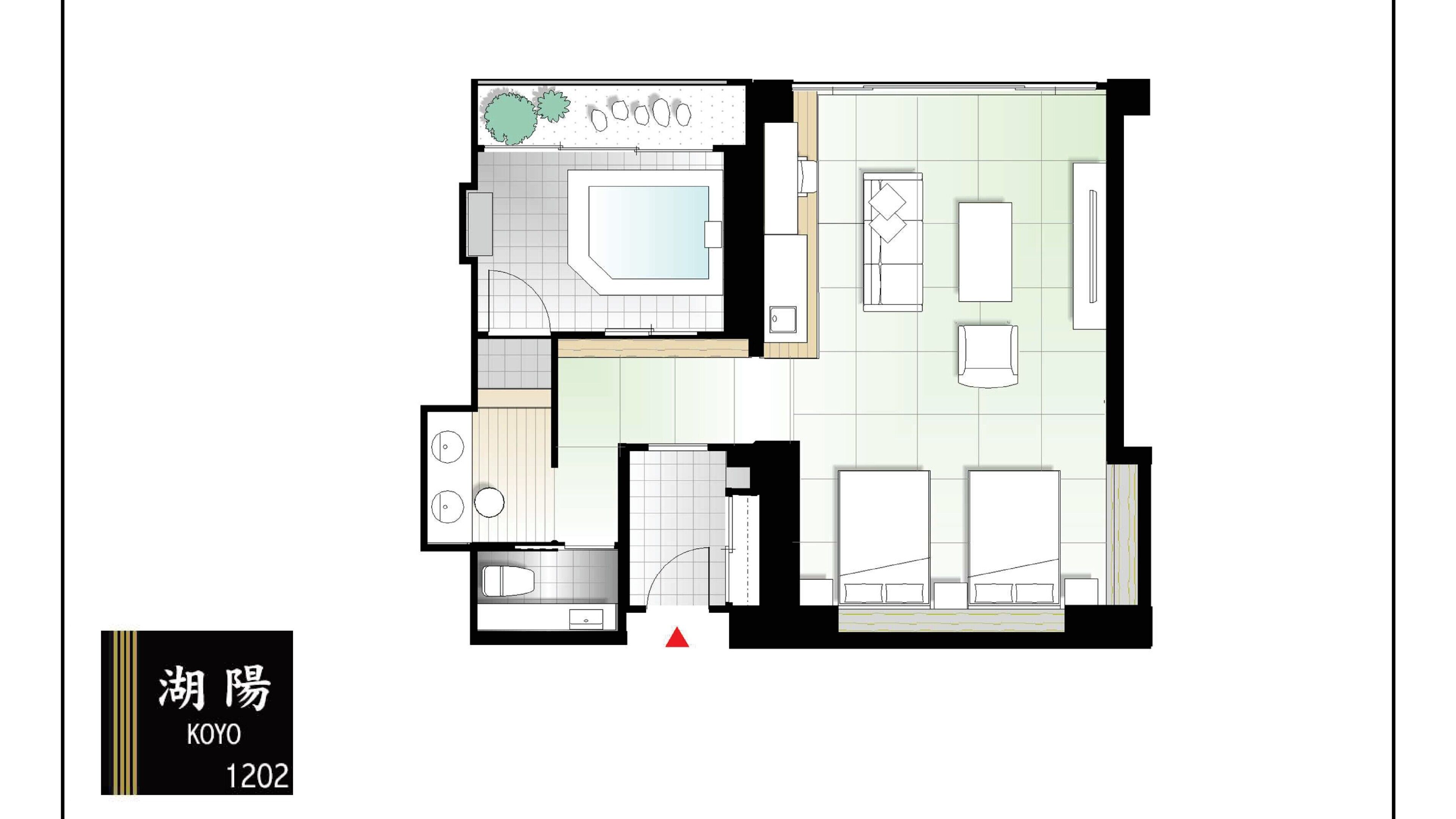 Plano de planta de una habitación de hotel que incluye un baño, una sala de estar, un comedor y un pequeño balcón.