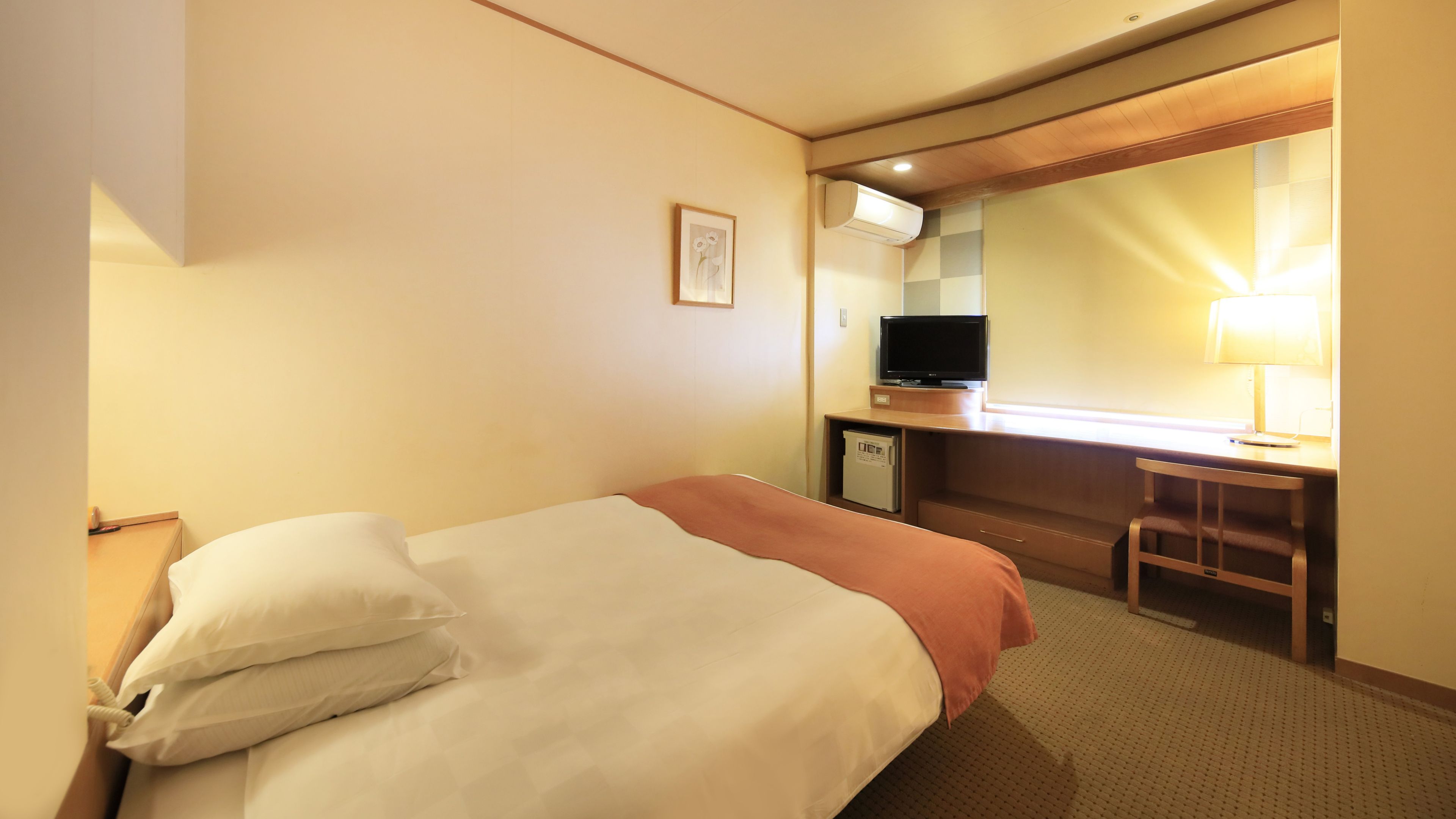 A hotel room with a bed, a desk, a television, and a lamp.