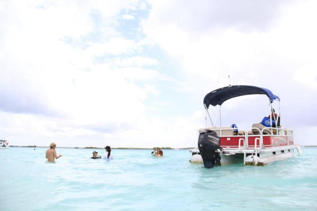 A boat with a covered seating area and a motor, floating on calm water.