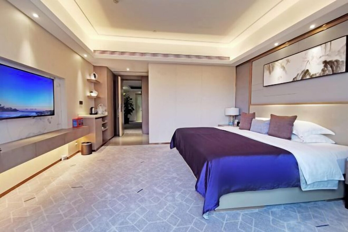 Una habitación de hotel moderna con una cama grande, un televisor de pantalla plana, un escritorio con una silla y un vestidor.