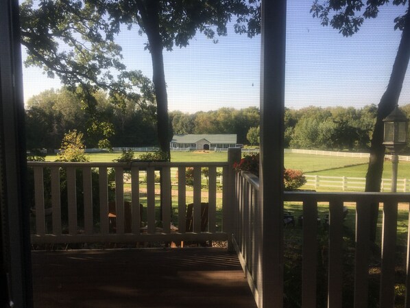 A porch with a view of a fenced field and a building in the distance. - The Speckled Hen Inn B&B (Madison)