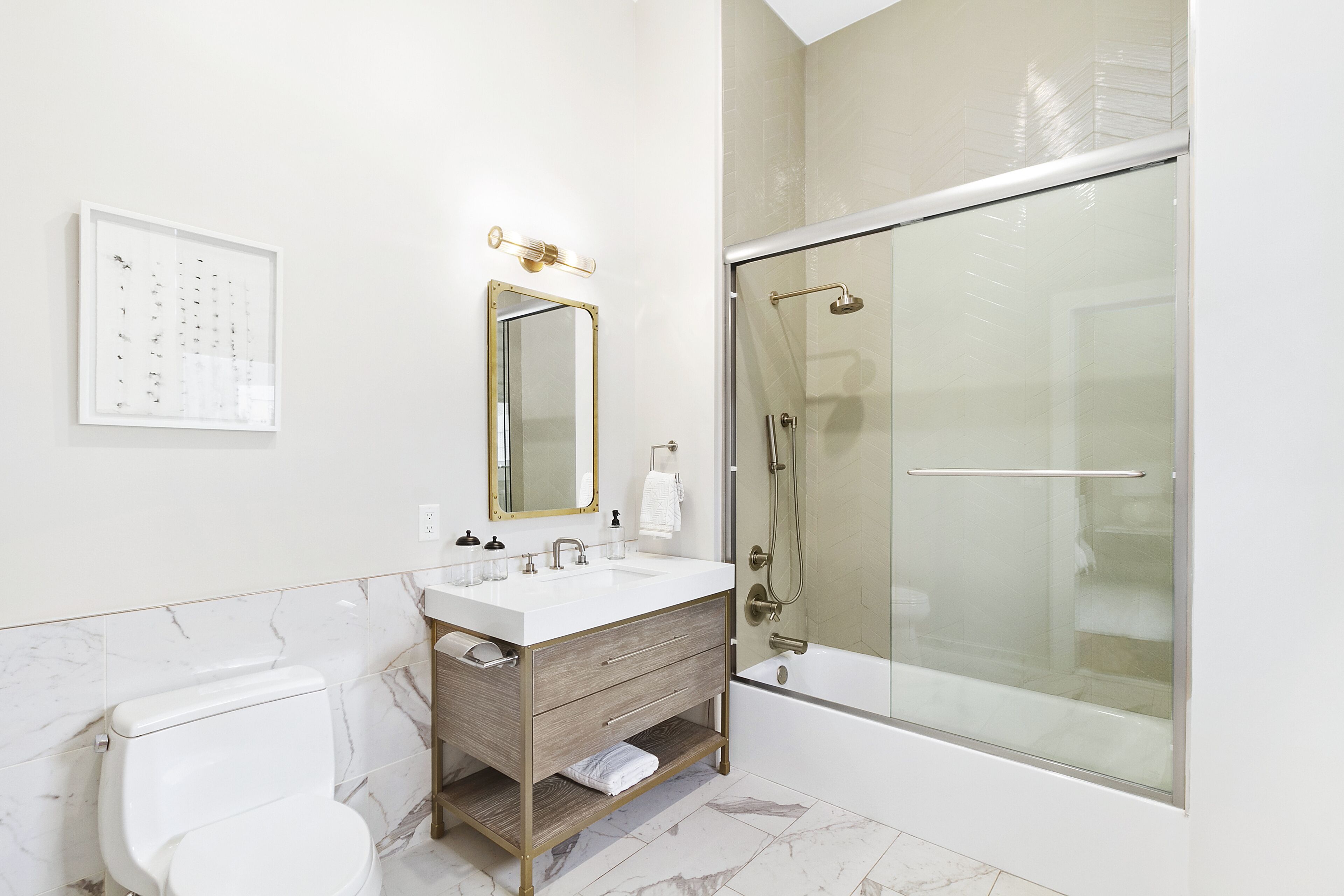 luxury apartment | bathroom | shower, rainfall showerhead, free toiletries, hair dryer