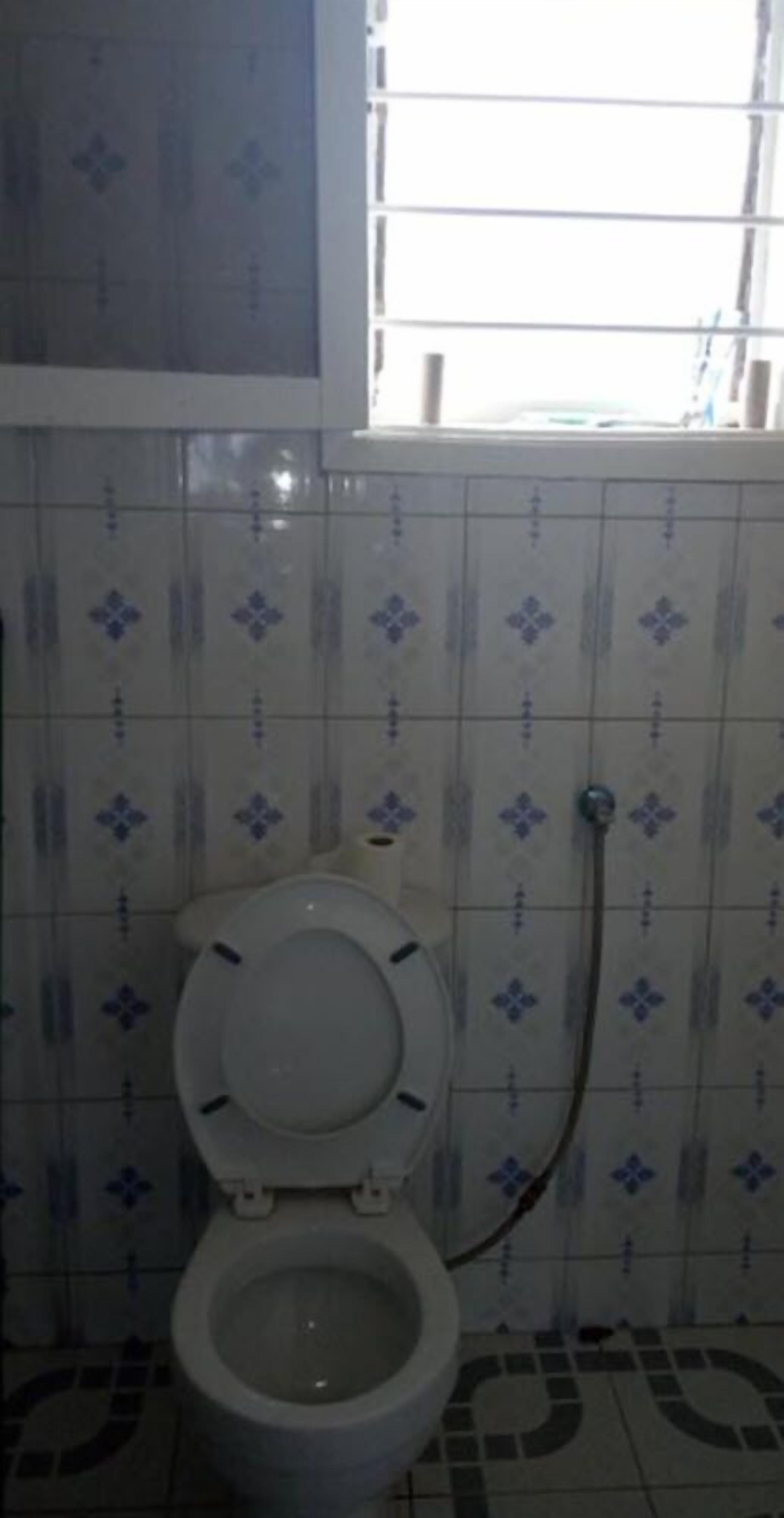 A bathroom with a toilet, a shower, and a window.