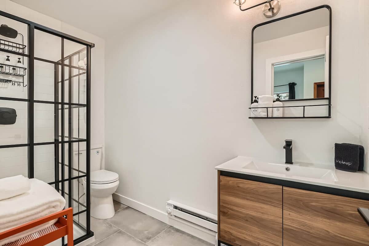 deluxe studio suite, king bed (1st floor) | bathroom | hair dryer, soap, shampoo, toilet paper