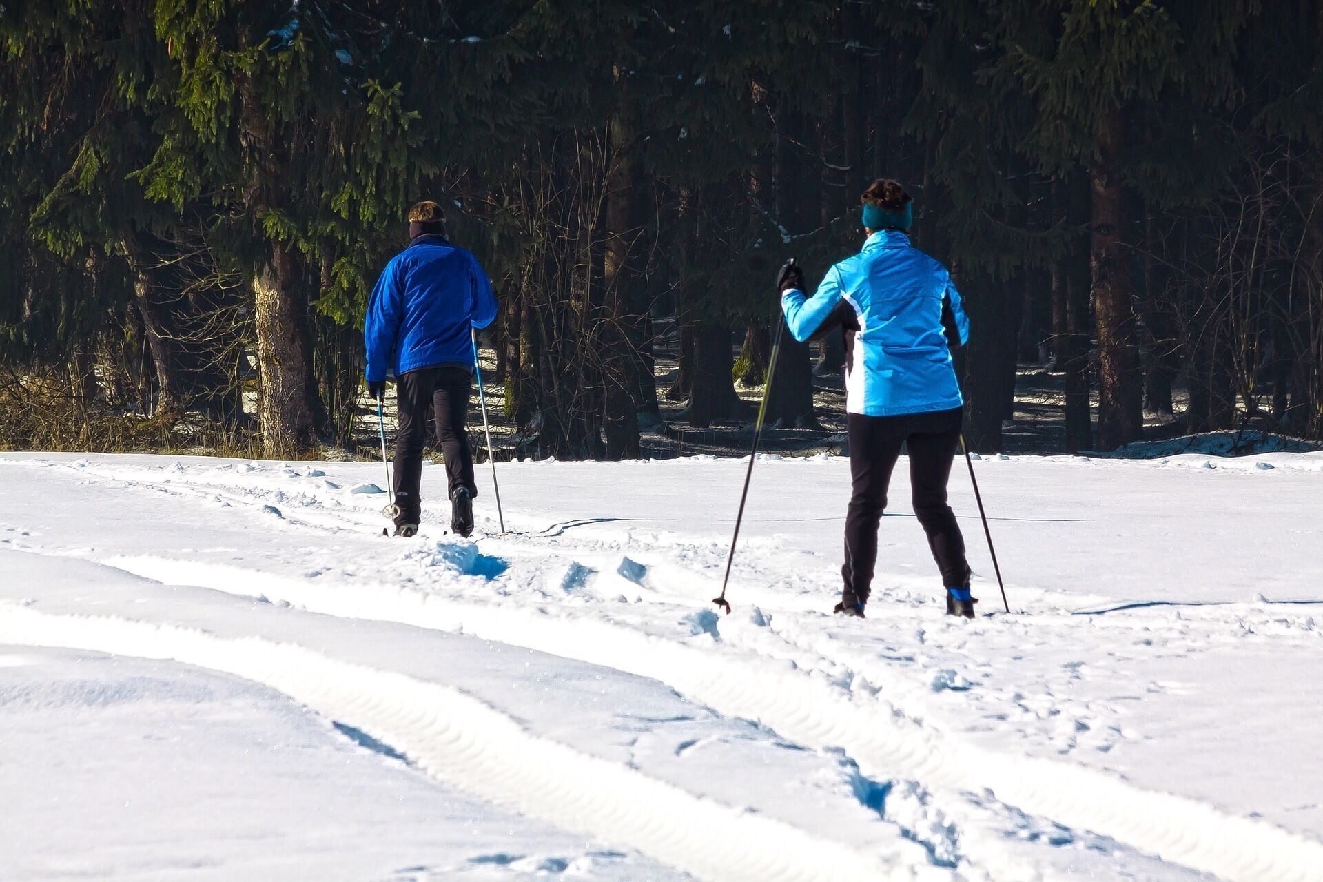 Two people cross-country skiing on a snowy path with trees in the background.