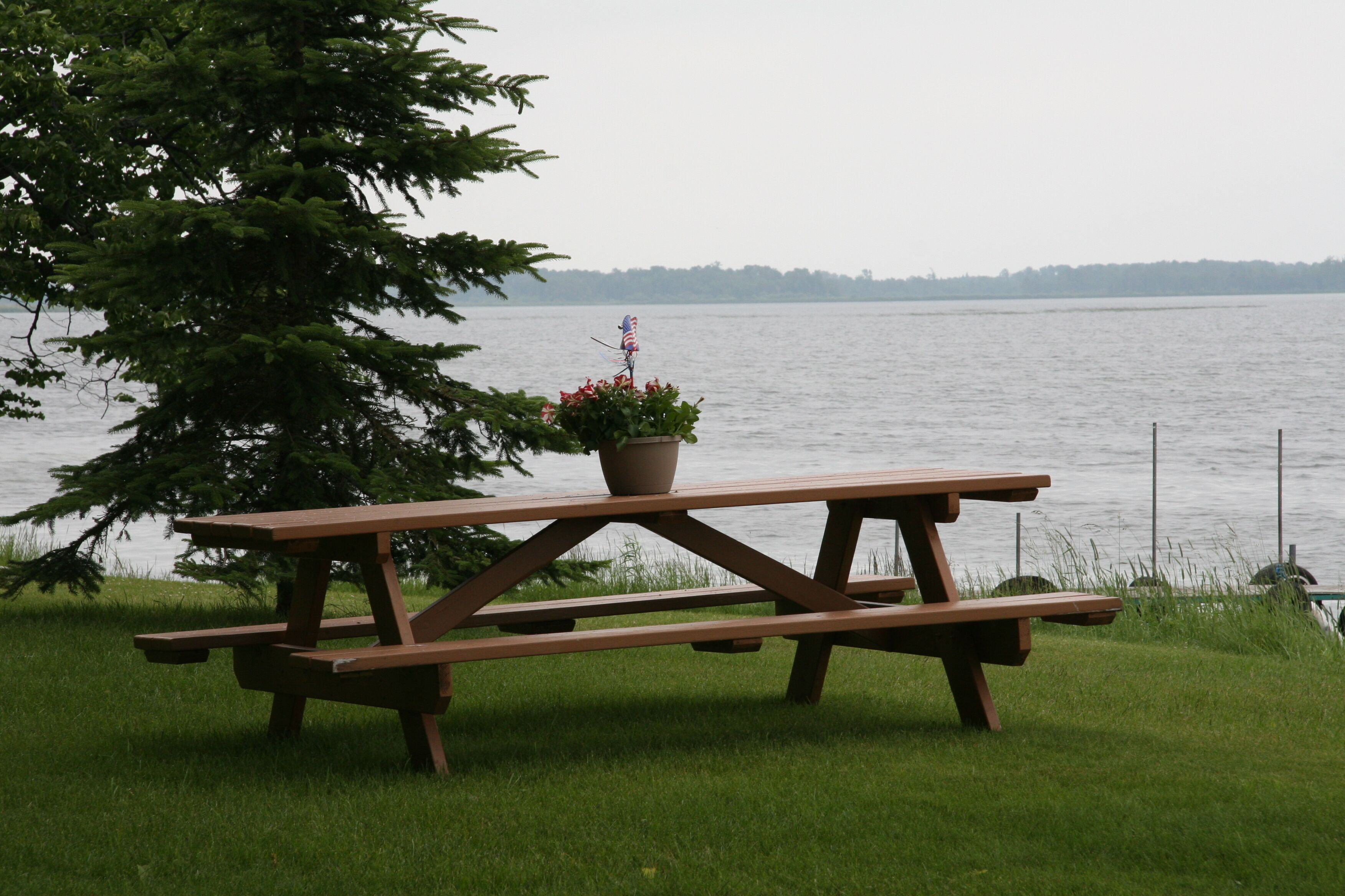 A picnic table with a flag and flowers, set against a lake with a tree in the foreground.