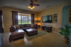 Villa, 6 Bedrooms, Private Pool | Living room | Flat-screen TV, video game console, DVD player