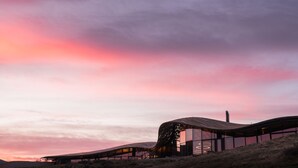 A modern building with a curved roof and large windows, set against a sunset sky. - The Lindis (Birchwood)