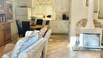 Smart TV, fireplace, books