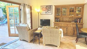 Smart TV, fireplace, books