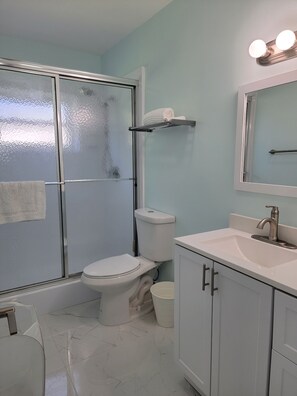 Regadera, secadora de cabello, toallas, jabón 