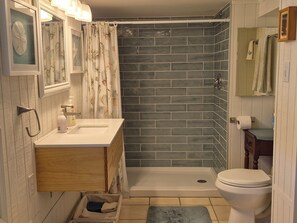 Combined shower/bathtub, hair dryer, towels