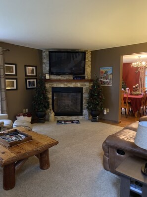 Smart TV, chimenea y libros 