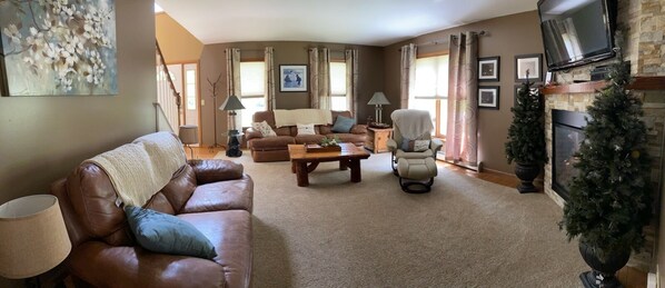 Smart TV, fireplace, books