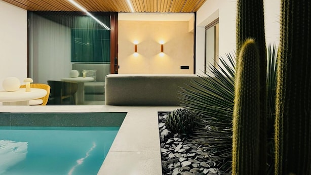 Ein modernes Interieur mit Pool, Sitzgelegenheit und Kakteen.