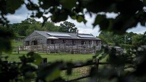A rustic wooden barn with solar panels on the roof, surrounded by a fenced pasture. - Disabled and family friendly bungalow on working farm in East Sussex countryside (Mayfield)