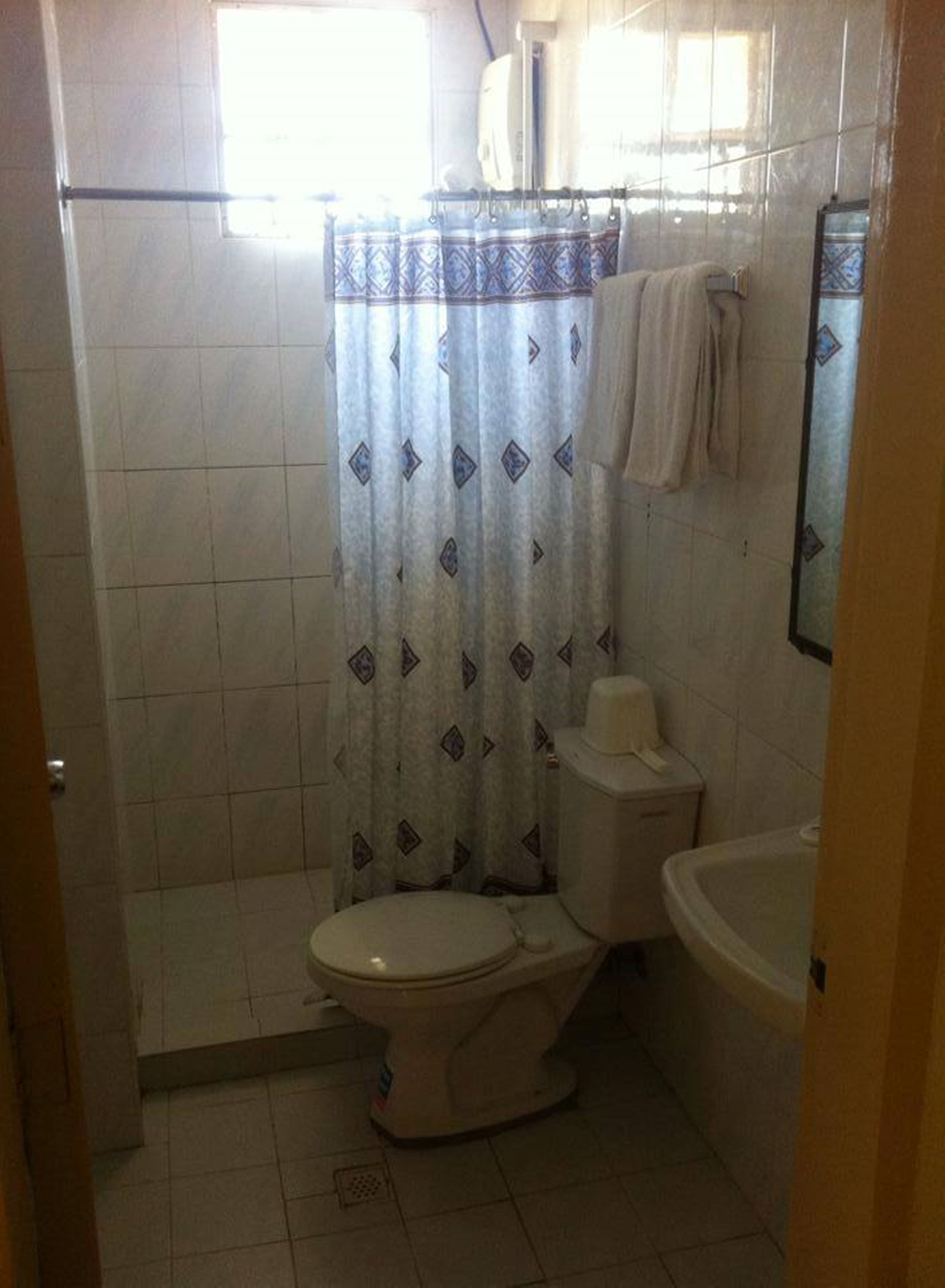 A small bathroom with a toilet, a sink, and a shower curtain.